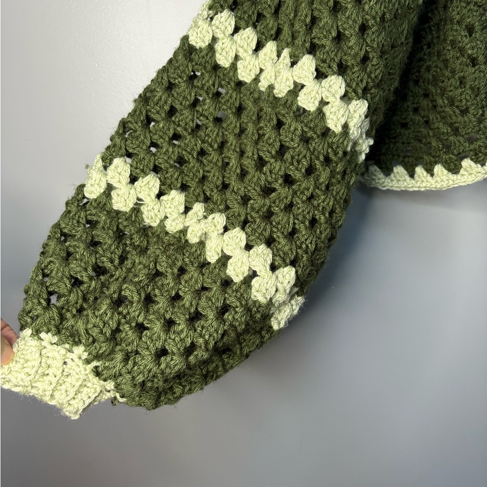 Handmade Trendy Army Green Crochet Sweater Balloon Sleeve Comfy Oversized M/L - Picture 3 of 10